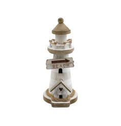 A 22.5cm wooden lighthouse with nautical details.