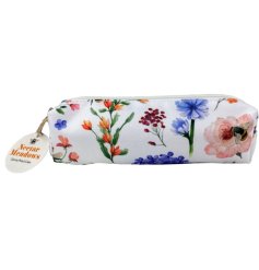 A small canvas pencil case with a pretty and colourful floral design and zip fastening. 