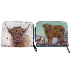An assortment of 2 practical purses, each with a beautiful highland cow design by acclaimed artist Jan Pashley
