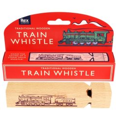 Make the sound of a steam train with this traditional wooden train whistle. Printed with a traditional train image.