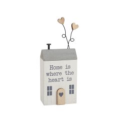 A stunning 3D wooden house with beautiful wire and wooden hearts. Painted in chic grey and white colours.