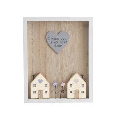 A charming wooden box frame featuring two beautifully crafted wooden houses with wire flowers. 