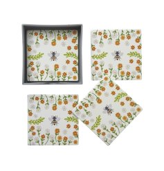 A set of 4 ceramic coasters, each featuring a colourful bee and floral design. 