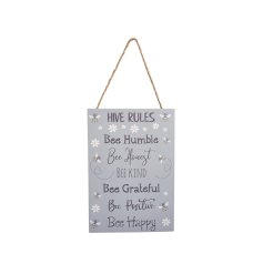 A charming grey wooden hanging sign with bee and flower illustrations and a variety of positive BEE slogans. 