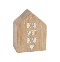 A rustic wooden house ornament, engraved with a HOME SWEET HOME slogan and heart detail. 