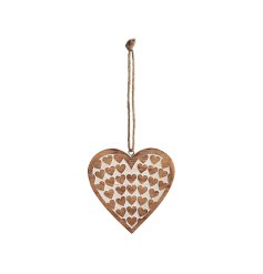 A rustic wooden heart decoration with engraved and painted detailing. Complete with jute string hanger. 