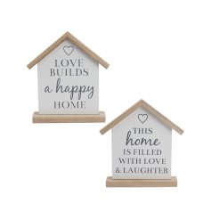 An assortment of 2 house shaped signs, each with a classic and chic home slogan and heart detail. 