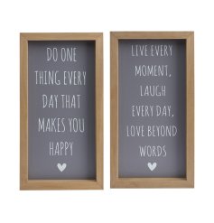 An assortment of 2 framed wooden signs featuring popular Happy and Love motivational slogans. 