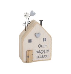 A charming wooden house ornament featuring hearts, flowers and sweet hand finished details. 