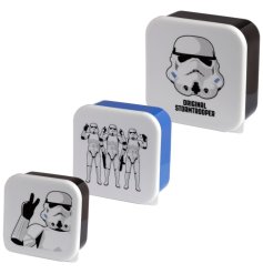 A set of 3 lunch boxes, each with a different stormtrooper design. 