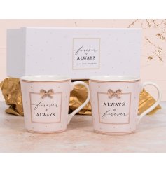 A beautiful set of matching mugs with "always & forever" text and pink polka dot background.