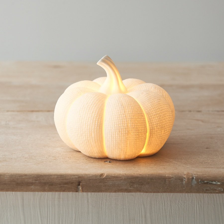 LED White Textured Pumpkin, 12cm