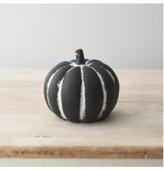 A rustic cement pumpkin in black and white. A beautifully detailed and unique ornament for the home this season. 