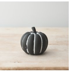 A must have cement pumpkin ornament with a black and white hand painted finish. 