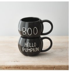 Enjoy your favourite drink in this unique pumpkin shaped mug with embossed HELLO PUMPKIN slogan.