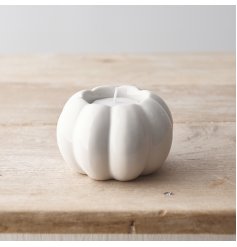 White Ceramic Pumpkin T-Light Holder, 8cm