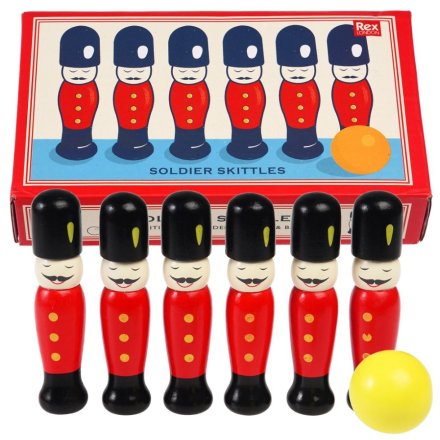 A retro skittles game with 6 soldier shaped skittles and ball. 