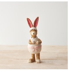  resin rabbit with a speckled pink egg costume
