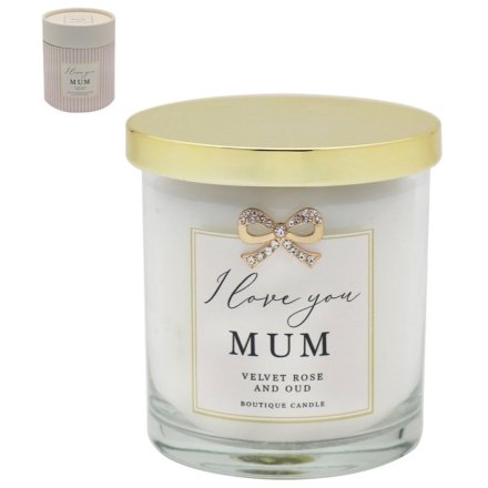 A stylish velvet rose and oud scented candle with the text "I love you Mum". 