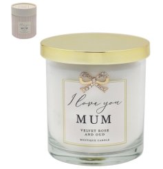 A stylish velvet rose and oud scented candle with the text "I love you Mum". 