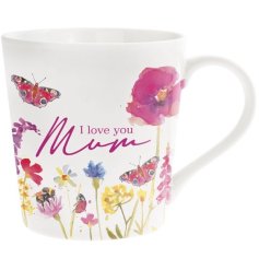 A beautiful mug decorated with a butterfly meadow floral design and bearing the text "I love you Mum".