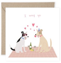 Greeting card with the text "I woof you" and charmingly illustrated dogs design. 