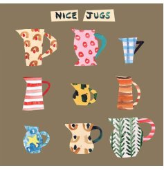 A colourful card with cheeky "nice jugs" message alongside patterned jugs illustrations. 