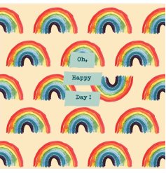 A bright and colourful rainbow print greeting card with "oh happy days" message on a pale yellow background. 