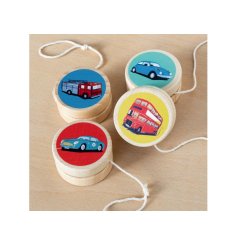 An assortment of 4 wooden yoyo toys each with a colourful vintage vehicle print.