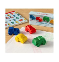 A set of 4 vehicle shaped crayons in red, blue, yellow and green. 