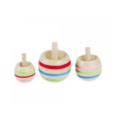 A set of 3 wooden spinning top toys with colourful stripe detail design!