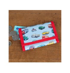 A vibrant blue and red children's wallet with vintage vehicles print, velcro fastening and external zipped pocket. 