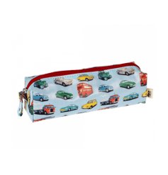 A blue oilcloth pencil case featuring vintage vehicle illustrations. 