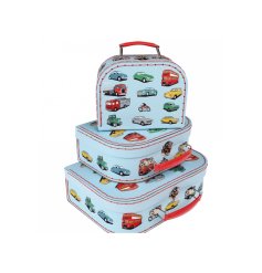 A set of 3 storage cases with colourful blue and red details and illustrations of various modes of transport. 