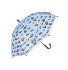 A blue umbrella with red details and illustrations of various modes of transport including cars and buses. 