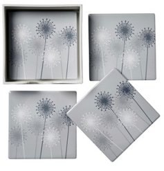 A beautiful set of 4 coasters, each with a design showing the silhouette of allium flowers on a grey background. 