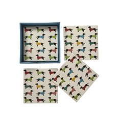 A set of 4 cute and colourful coasters featuring a repeat dachshund pattern. 