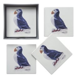 A matching set of 4 coasters, each featuring a beautiful solitary puffin print. 