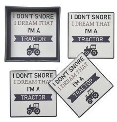 A set of 4 matching coasters, each with a humorous quote about snoring. 