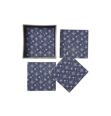 A pretty set of 4 coasters featuring a delicate snowflake pattern on a deep blue background. 