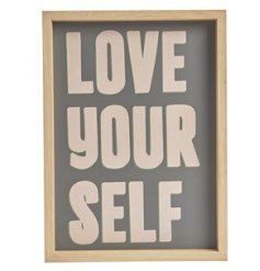 Stylish boxed frame with bold "love your self" text on a grey background.