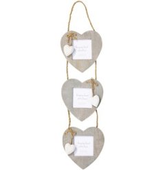 A beautiful item compromising of 3 wooden heart shaped frames connected by twine hangers and with heart adornments. 