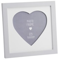 A cute box frame with white wooden frame featuring a heart shaped cut out for photographs. 