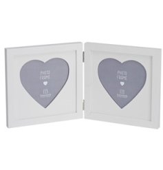 A twin photo frame with white wooden box frame and heart cut out details. 