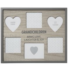 A large wooden photo frame with multiple spaces for photos and "Grandchildren bring love, laughter and joy" quote. 