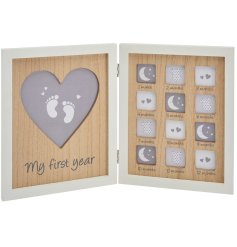 A delightful folding photo frame with "My First Year" text and multiple cut outs for a photo for each month!
