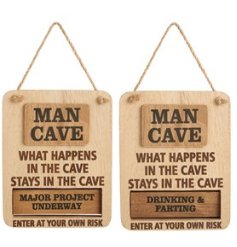 A humorous "Man Cave" wooden sign with rotating section.