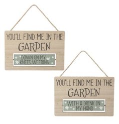 A decorative wooden sign with "you'll find me in the garden" text and rotating section with various options. 