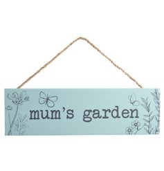 A pretty blue coloured sign with "Mum's garden" text and pretty butterfly and floral design. 