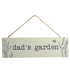 A decorative wooden sign with "dad's garden" text and garden themed floral illustration. 